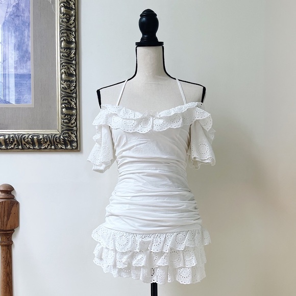 Eyelet Ruffle Hem Ruched Mini Dress - Picture 3 of 4